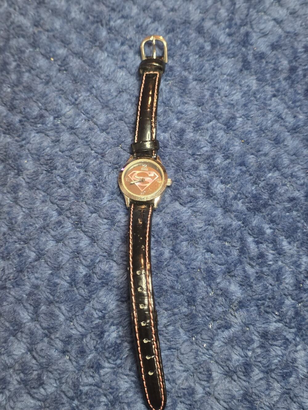 Vintage Armitron DC Comics Superman Pink Logo Watch Black Leather Strap Analog